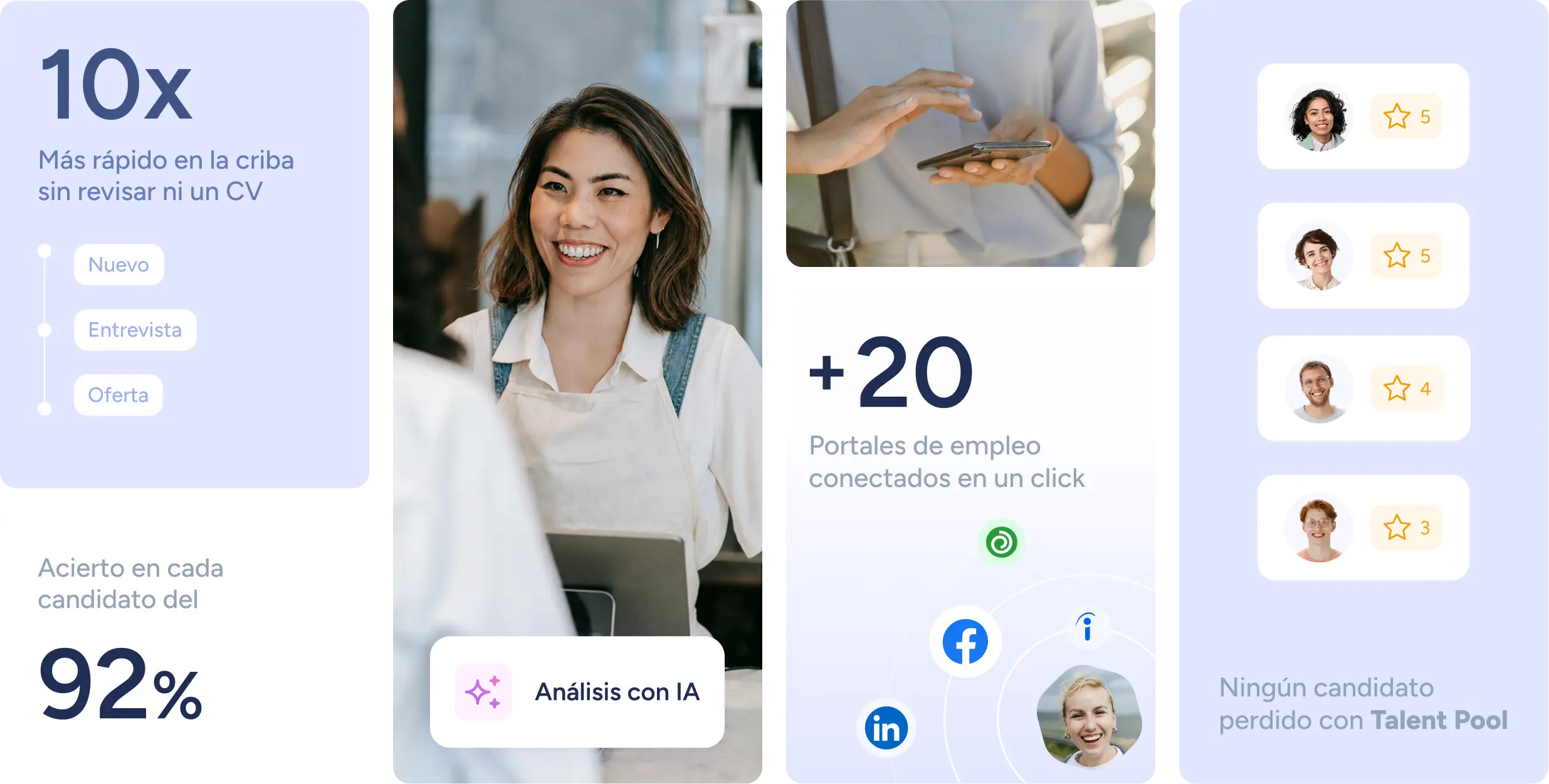10x más rápido en la preselección, 92% de acierto en cada candidato, +20 portales de empleo conectados y ningún candidato perdido con Talent Pool