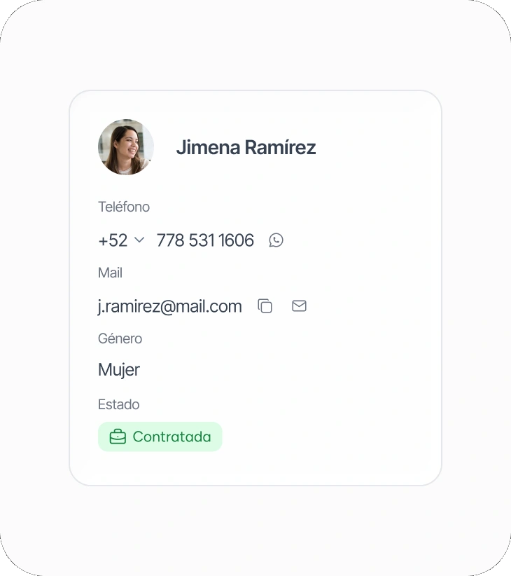 Ficha de candidata con datos de contacto